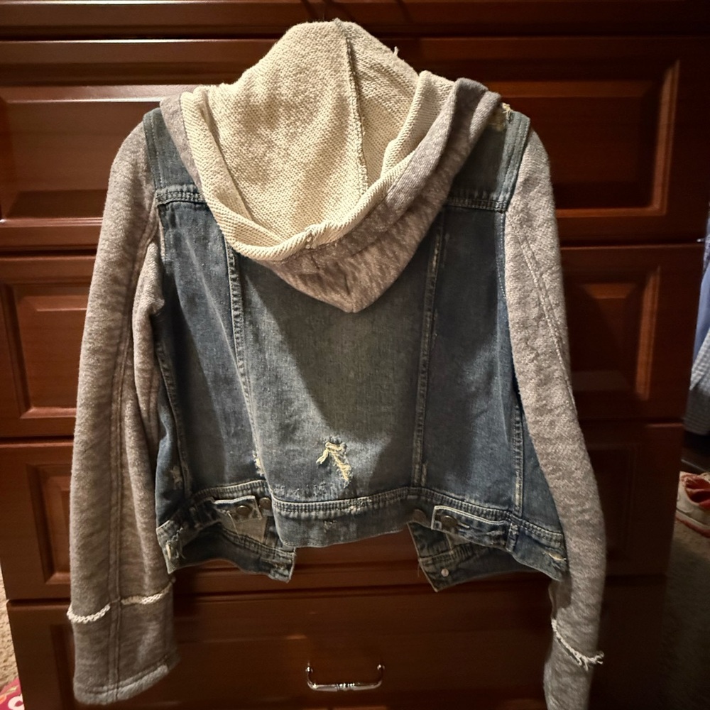 Free People Two-Tone Denim Jacket with Cream Knit Hood